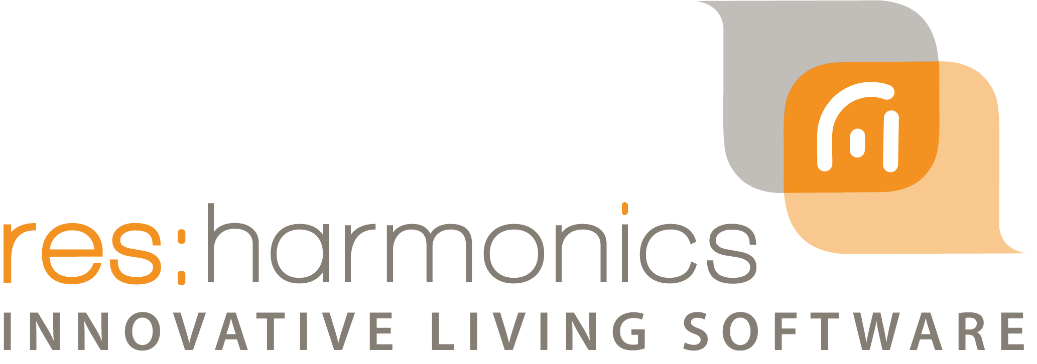 res:harmonics logo in orange, grey and white, towards the right hand corner, with the brand name in orange (res:) and grey (harmonics) and the words "Innovative living software" in grey and capitals underneath