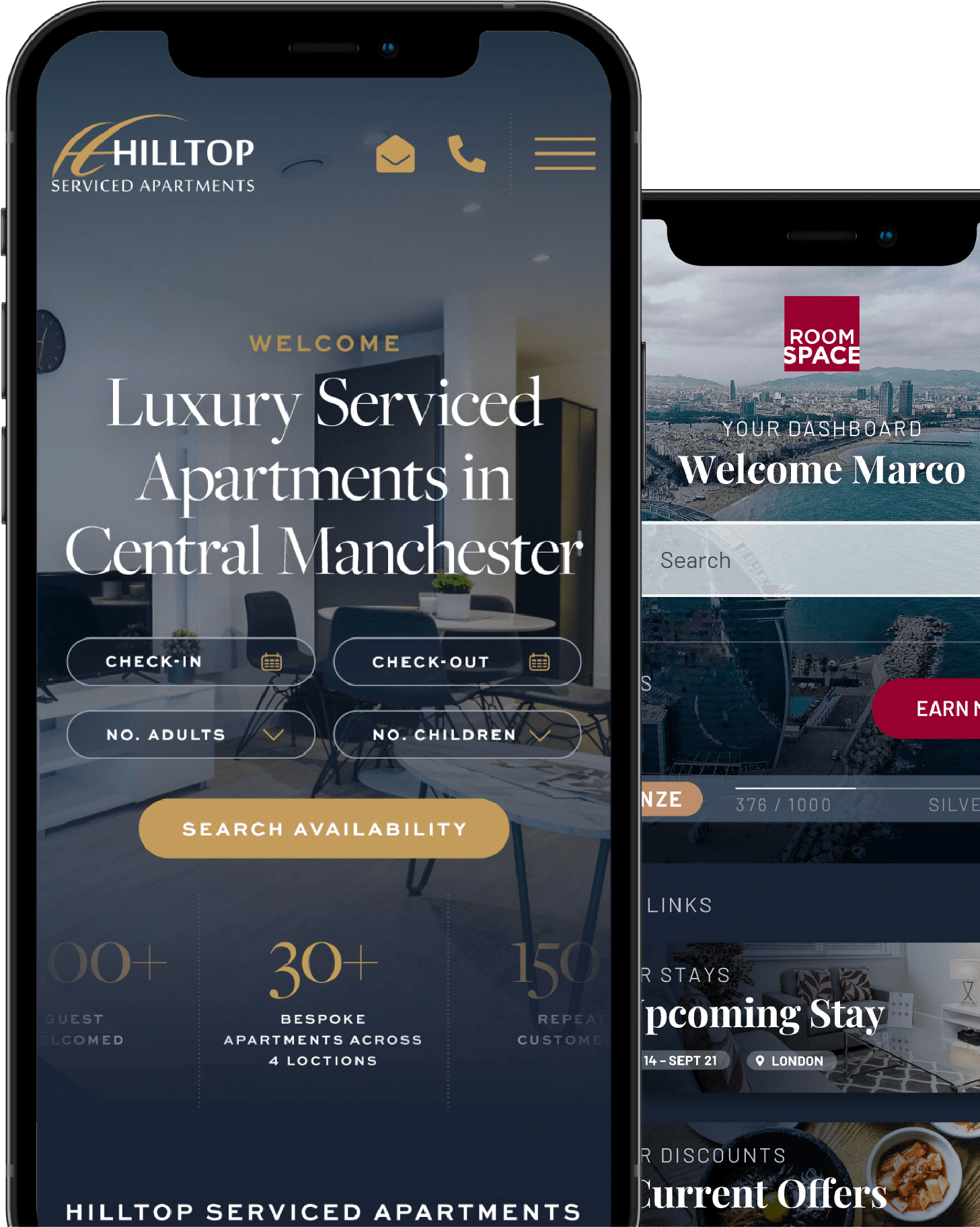 Two phone frames, one in front of the other. The first phone shows the Hilltop website homepage on screen, while the back shows the Roomspace website homepage on screen